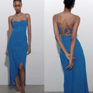 Zara Dotted Linen Blend Corset Dress in Blue and White